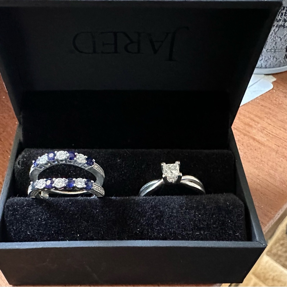 sapphire and diamond wedding band and engagement ring